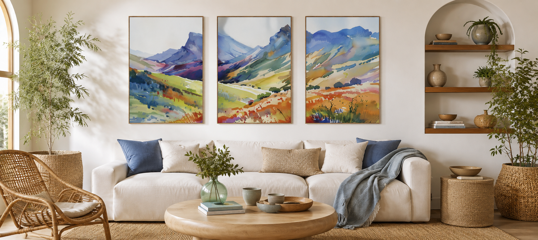 Modern mountain wall art in bright boho living room with natural decor