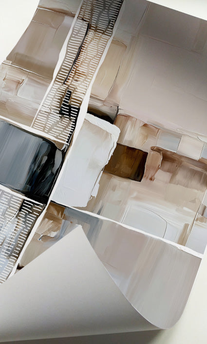 Organic modern neutral wall art triptych displayed in light wood frames above a minimalist white sofa.