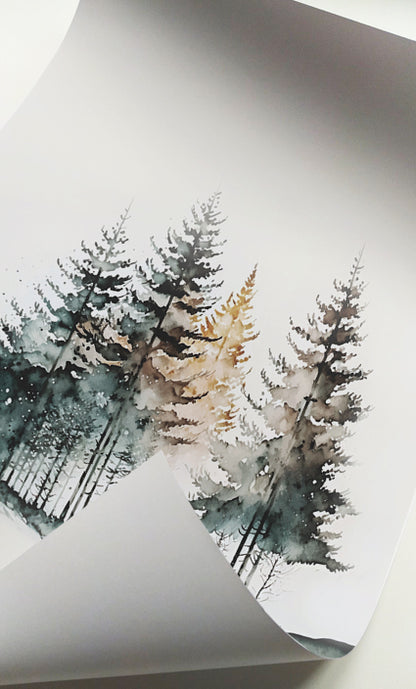 Contemporary watercolor landscape print set with pine trees