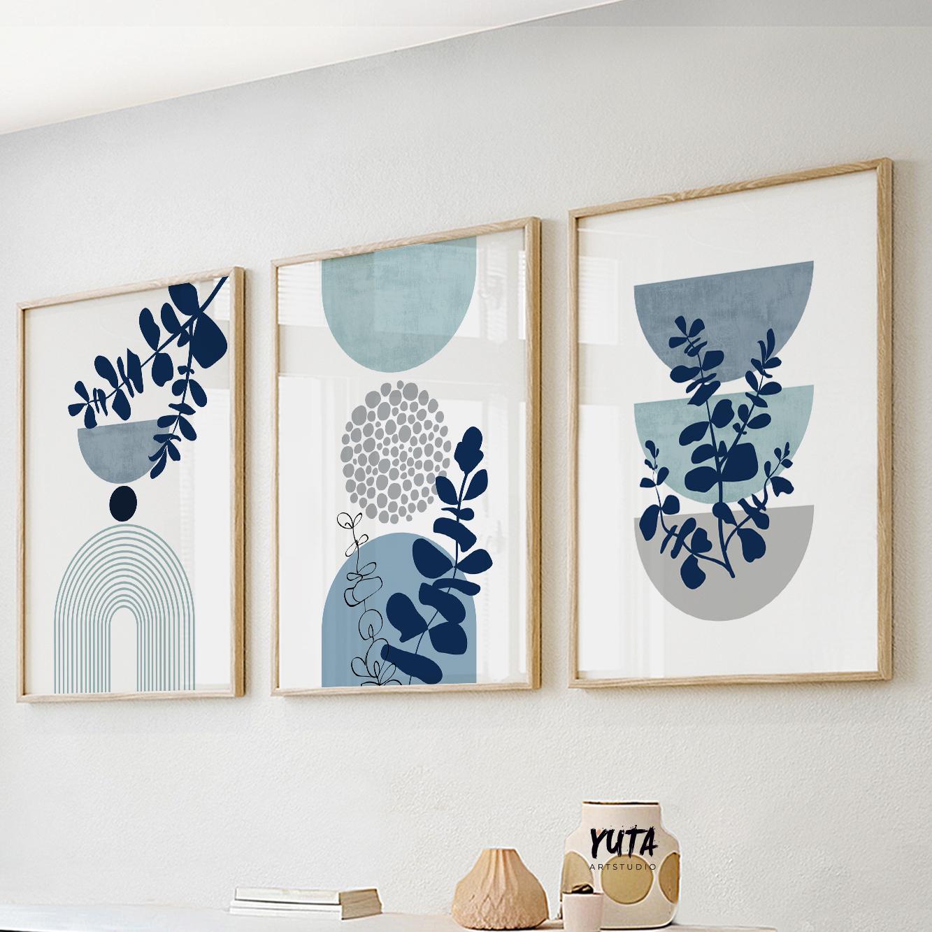 Organic modern wall art featuring blue botanical elements, abstract arches and soft geometric compositions