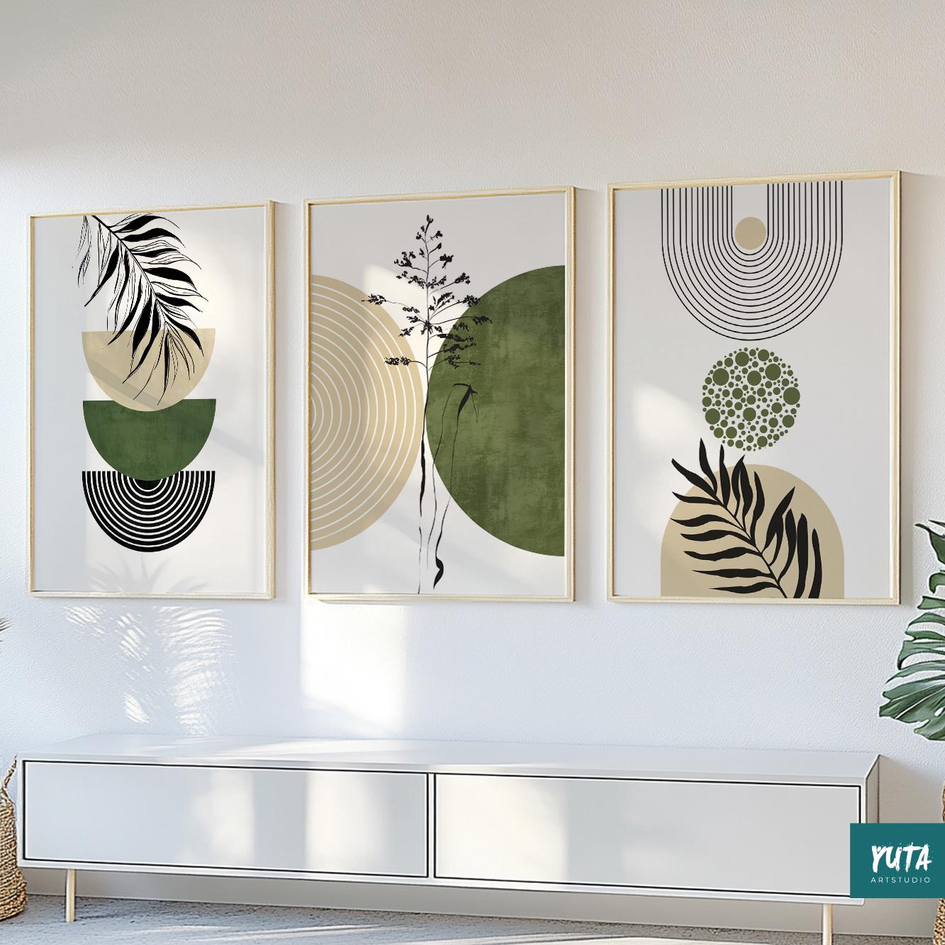 Organic modern wall art showcasing botanical silhouettes, sage green accents and contemporary geometric composition