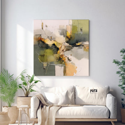 Organic modern wall art featuring green and beige abstract forms with textured painterly details