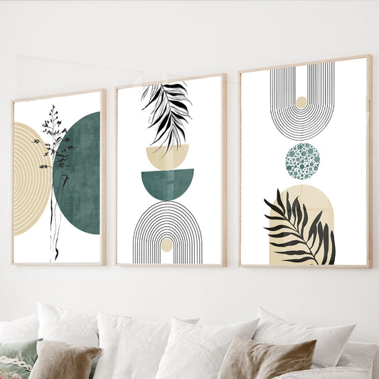 Organic Modern wall art set of 3 featuring botanical silhouettes, geometric arches, and abstract organic shapes