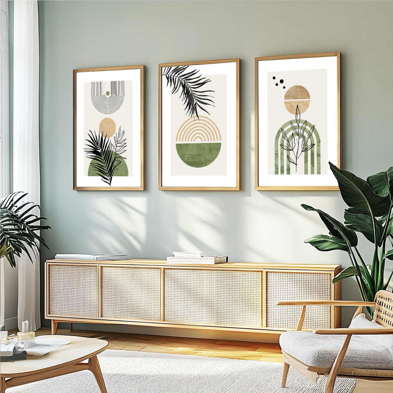 Contemporary botanical prints with abstract leaves, circles, and modern geometric elements