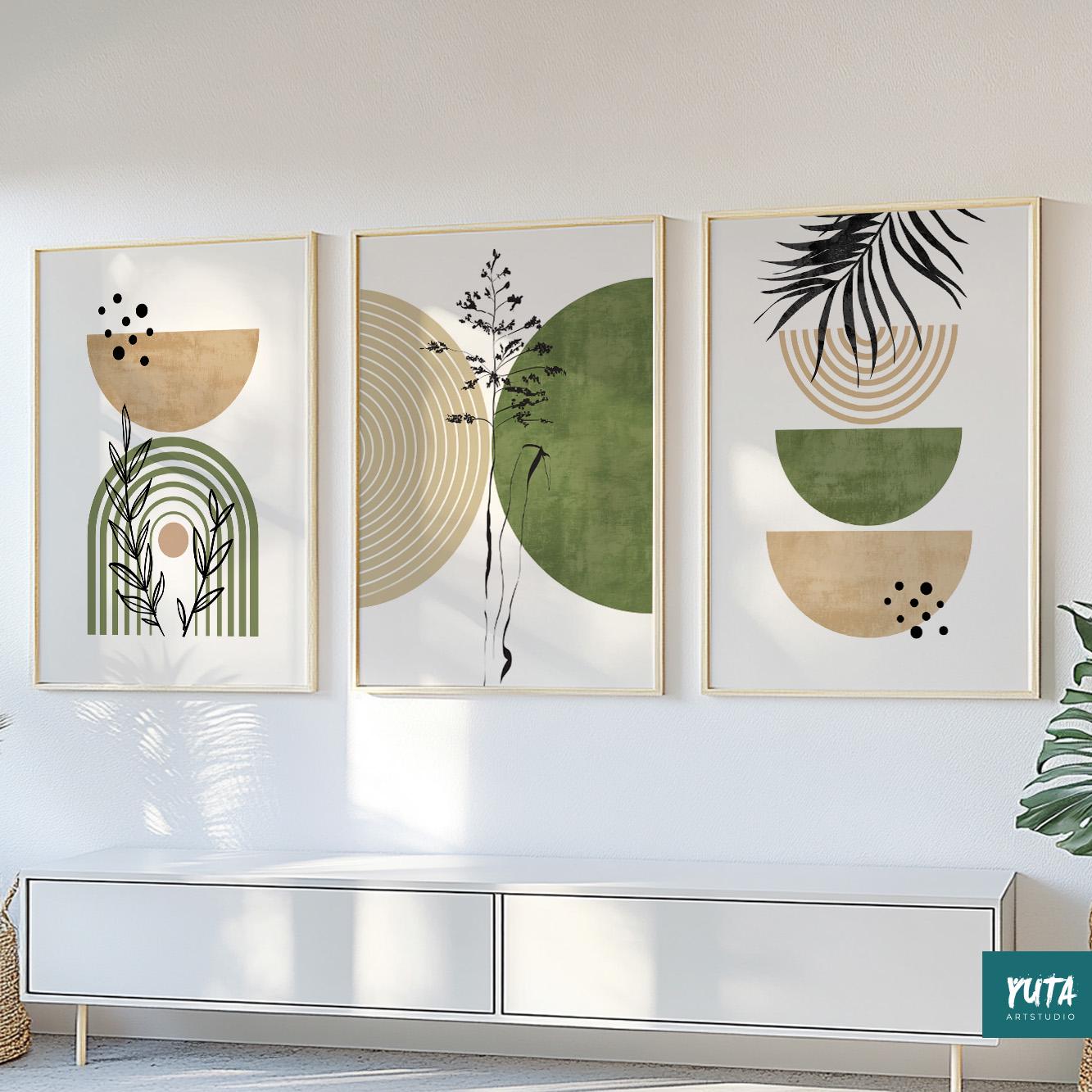 Artwork size guide showing three framed abstract prints above a low white cabinet.