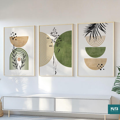 Artwork size guide showing three framed abstract prints above a low white cabinet.