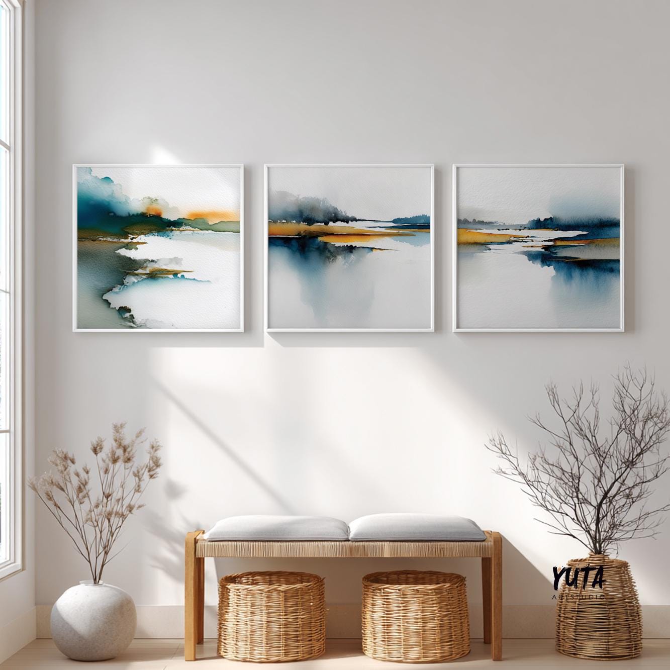 Abstract scenic artwork with blue tones and subtle warm highlights