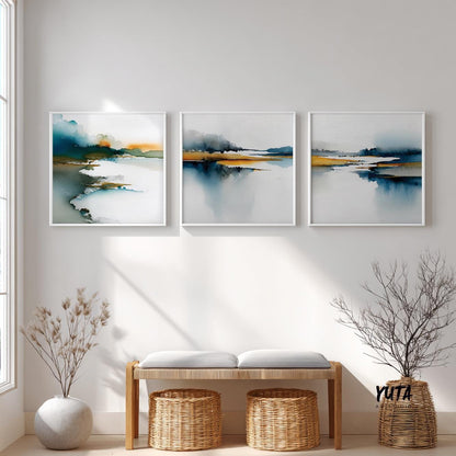 Abstract scenic artwork with blue tones and subtle warm highlights