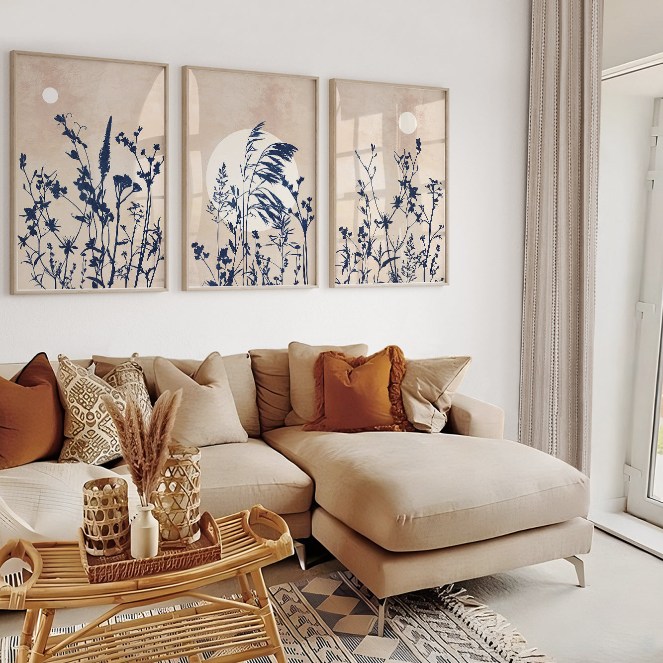 Neutral botanical artwork featuring delicate field flowers and tall grasses