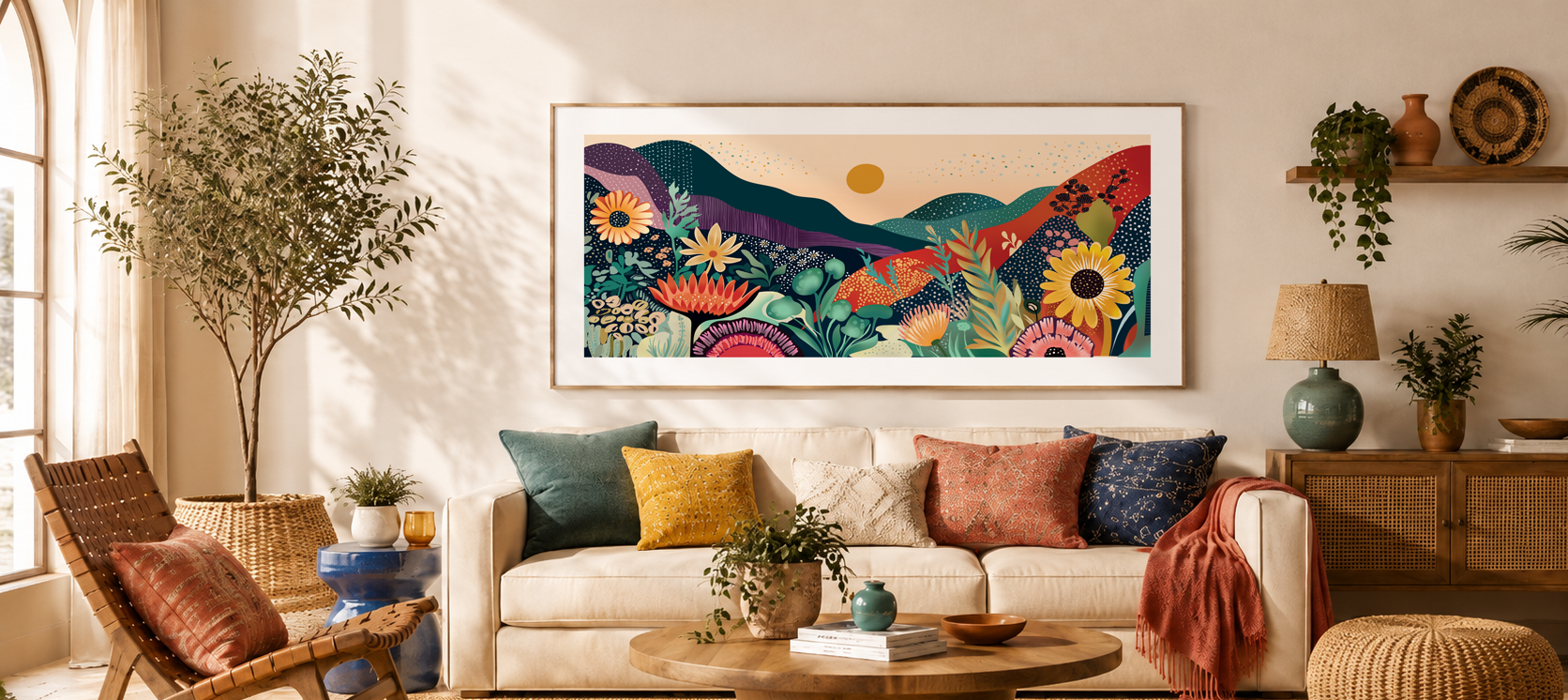 Living room with a colorful abstract painting on the wall, a white sofa with colorful pillows, and decorative items.