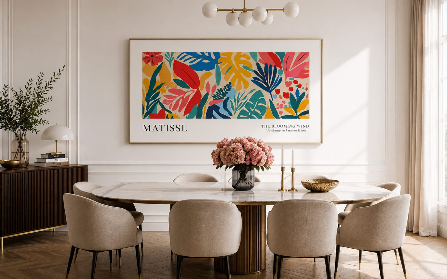 Oversized statement wall art in modern boho living room with colorful accents