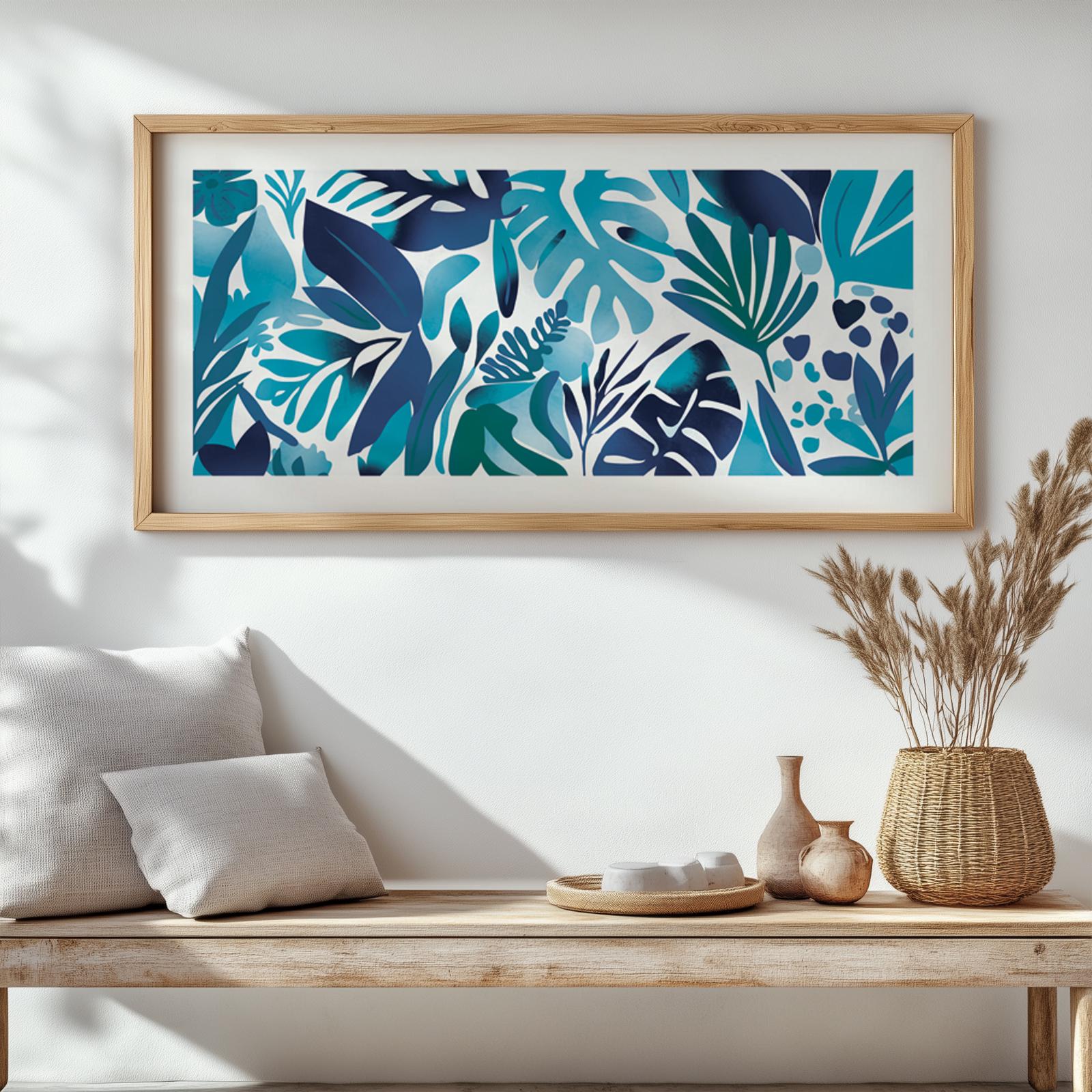 Panoramic botanical print in a natural wood frame displayed above a wooden bench for scale