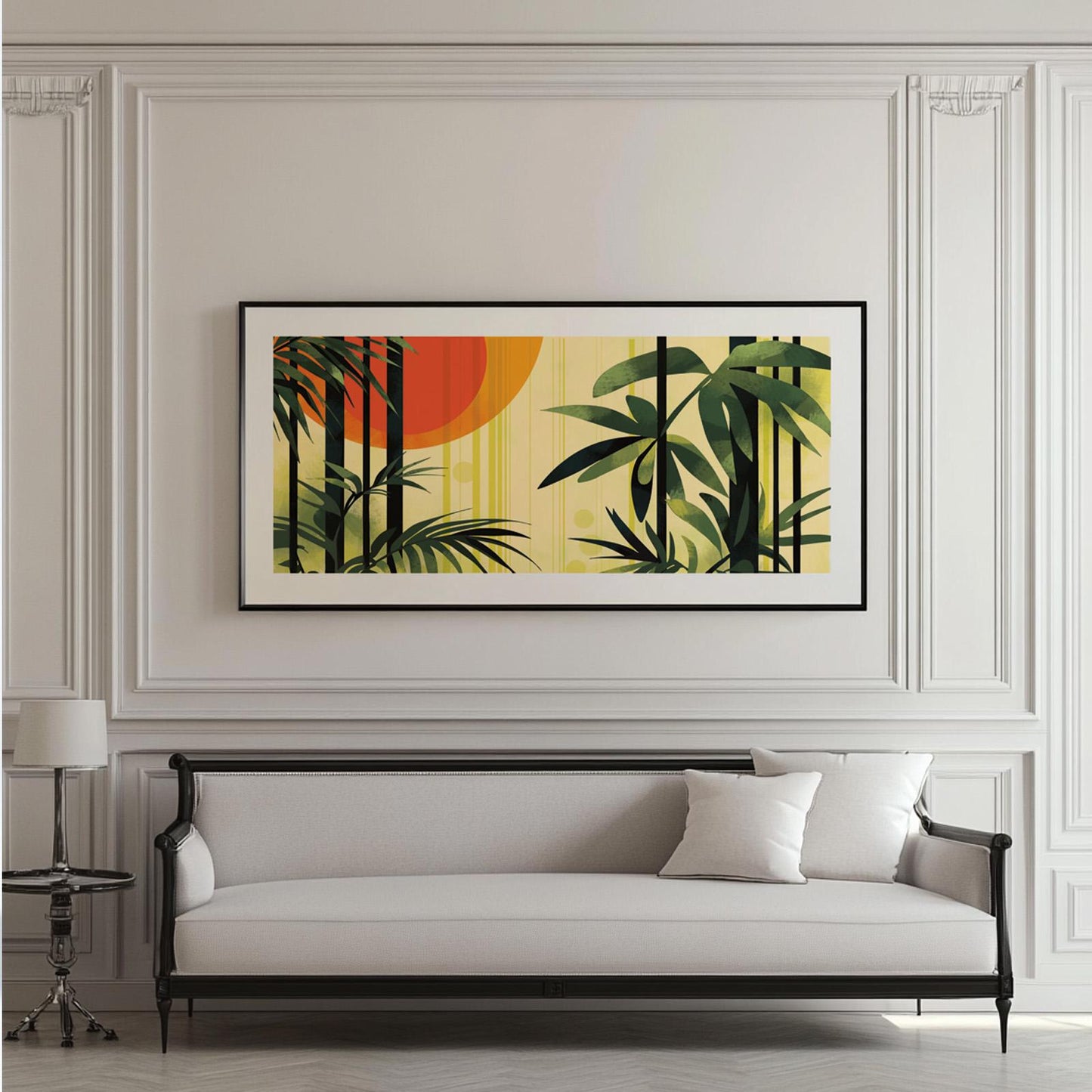 Palm leaf wall art with earthy green and orange tones displayed in an organic modern living room setting