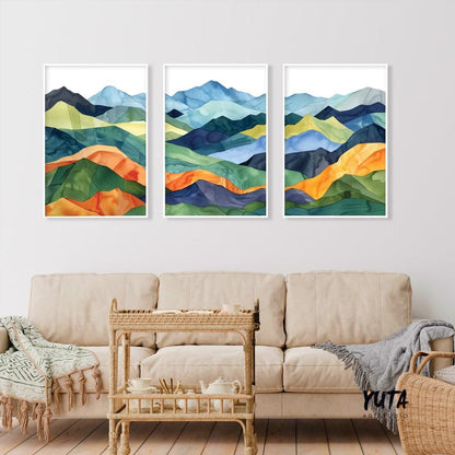 Colorful mountains wall art set of 3 prints, Mid century modern large wall art prints, abstract painting, aesthetic room decor
