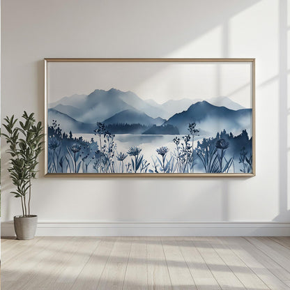 Wide navy mountain landscape print in a light wood frame above a cabinet with plant