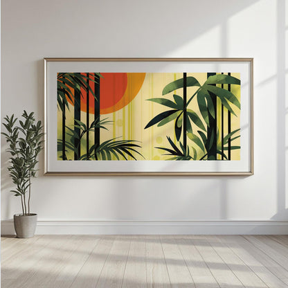 Panoramic tropical wall art with lush botanical silhouettes and warm sunset palette for living room decor