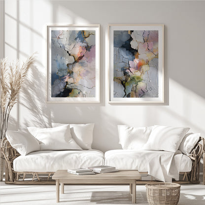 Pastel abstract wall art set of 2 featuring soft blue, blush pink, cream and muted green with gold accents.