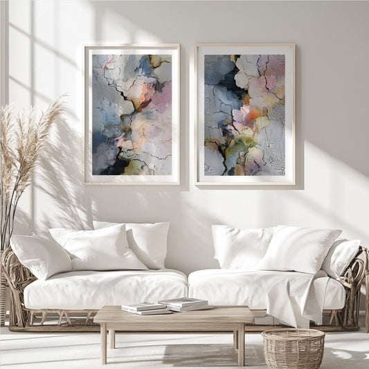 Pastel abstract wall art set of 2 featuring soft blue, blush pink, cream and muted green with gold accents.