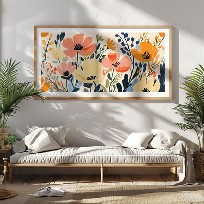 Panoramic wildflower print in a light wood frame above woven baskets and leafy plants.