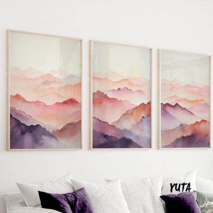 Set of 3 pink purple abstract mountain prints. Colorful mountain landscape painting, minimalist abstract wall art prints, preppy room decor