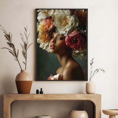 Peony crown female wall art featuring a woman framed by lush oversized flowers against a dark background