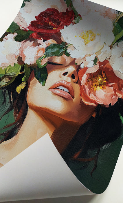 Peony woman portrait art featuring large white, blush and burgundy flowers in a painterly style