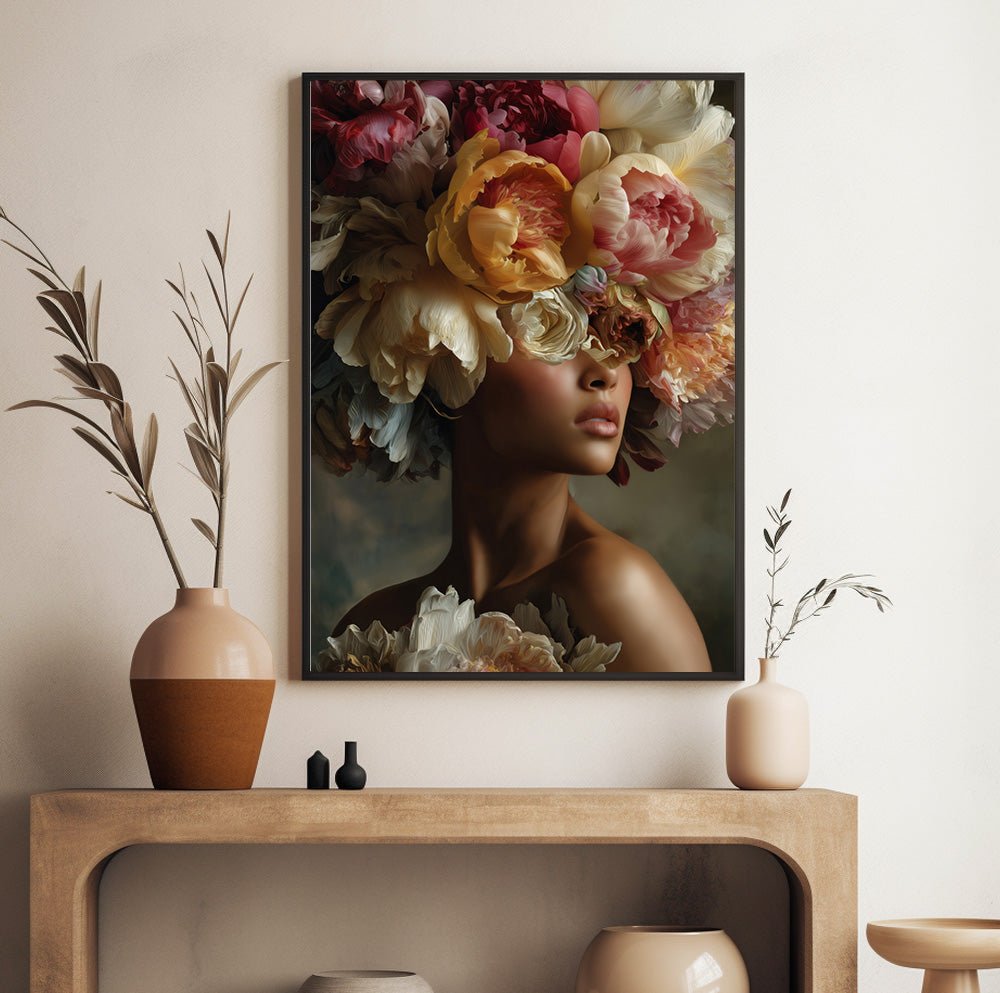 Peony woman portrait wall art with oversized romantic flowers covering the eyes against a dark background