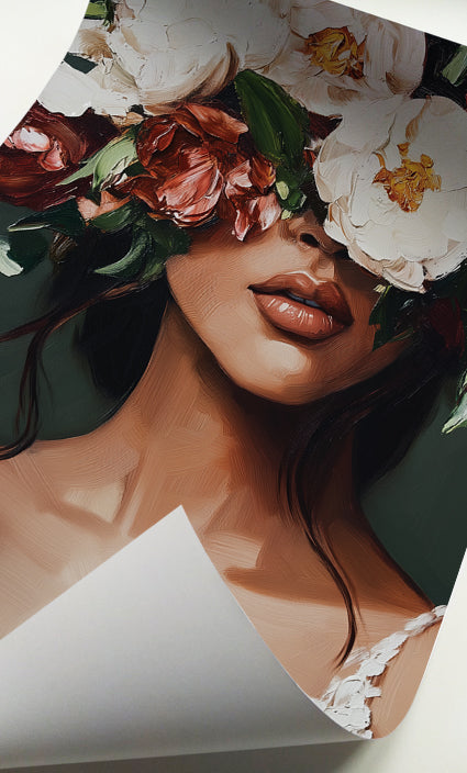 Peony woman portrait featuring oversized white and burgundy flowers in a contemporary painterly style