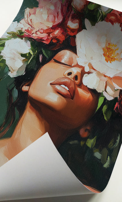 Peony woman portrait featuring oversized white and pink flowers in a contemporary painterly style