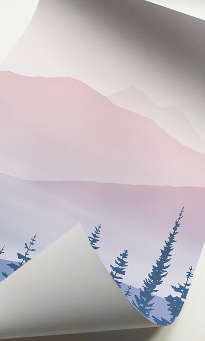 Peaceful mountain landscape artwork with evergreen forest silhouettes