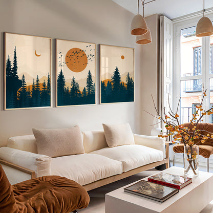 Scandinavian mountain wall art with birds flying over pine forest
