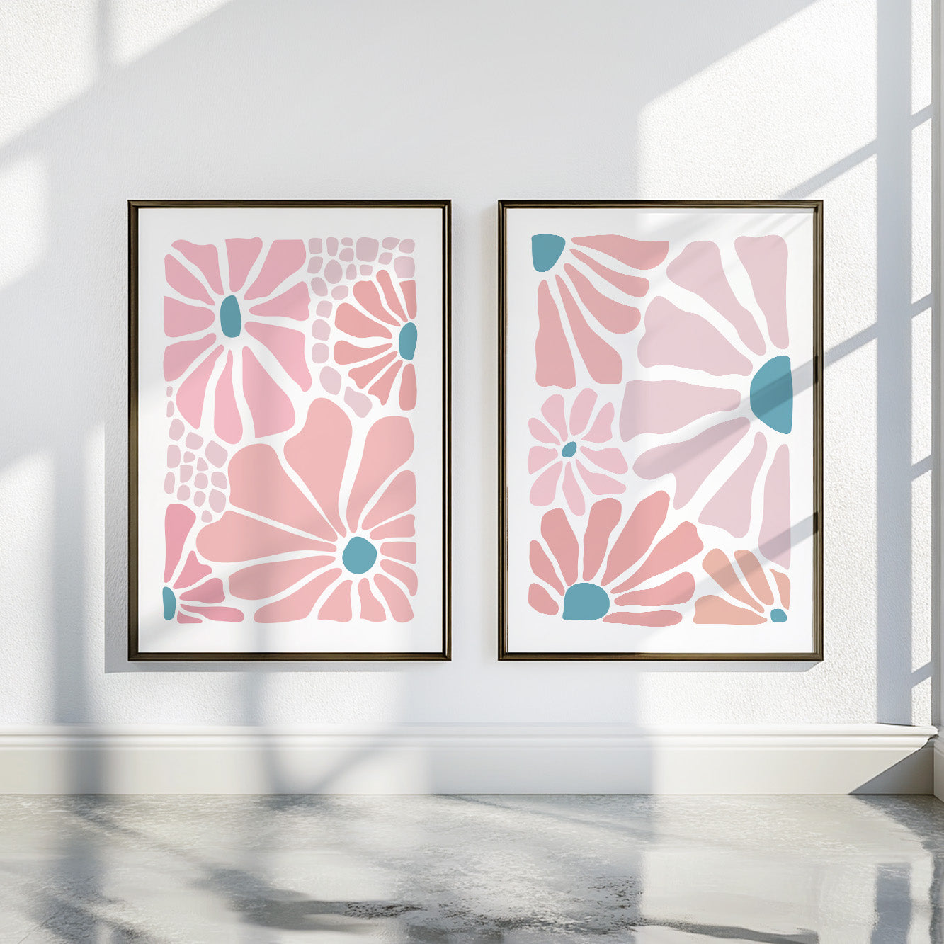 Pink abstract floral wall art set of 2 featuring modern stylized flower prints with teal accents