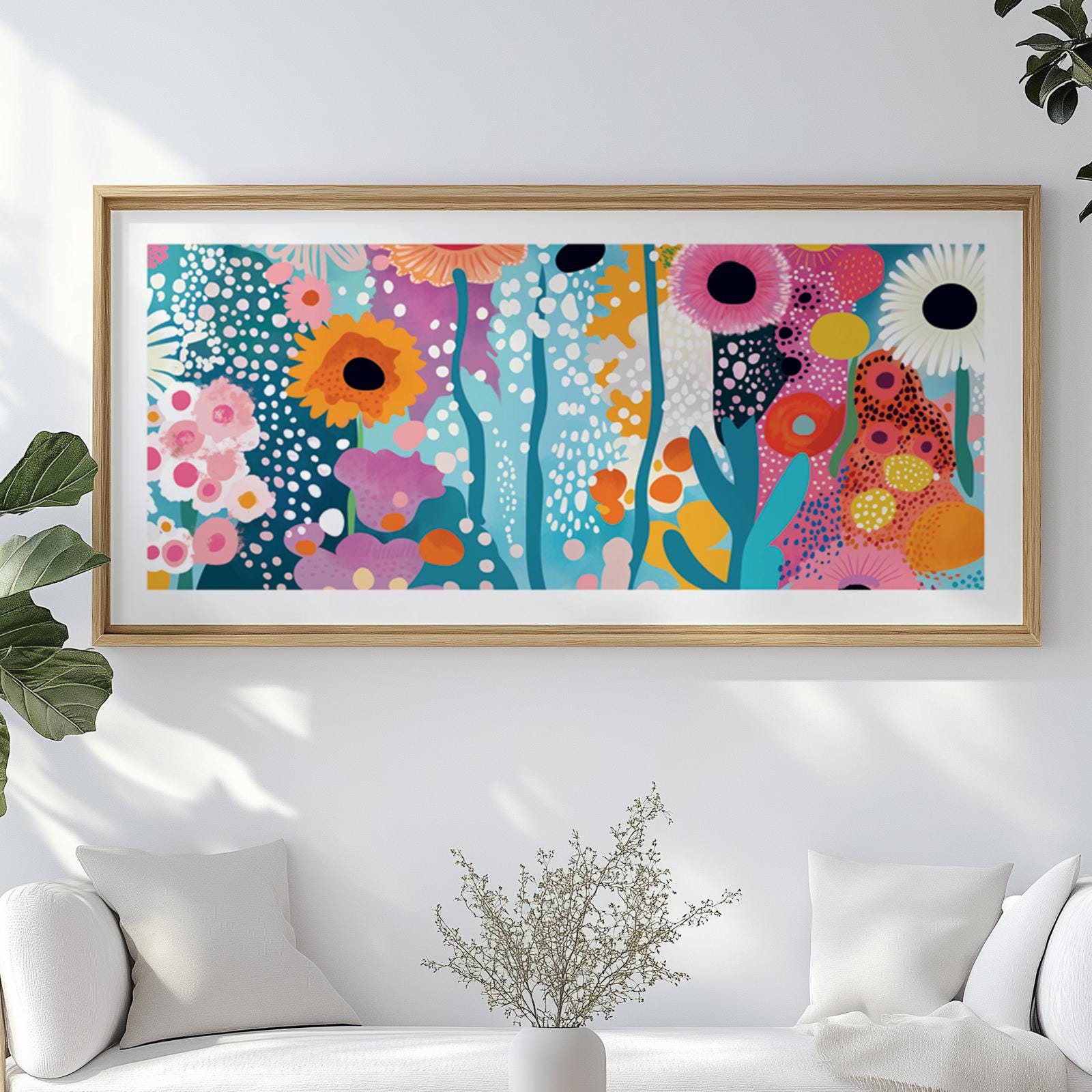 Large abstract floral print in a light wood frame, displayed above a white sofa in soft daylight.