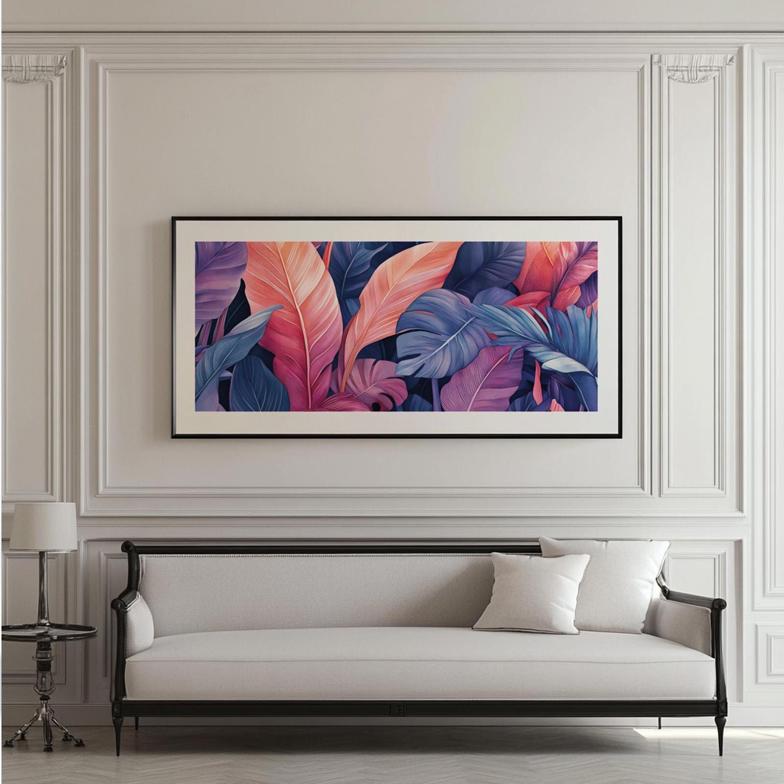 Pink botanical wall art featuring exotic tropical leaves and contemporary colorful nature inspired design