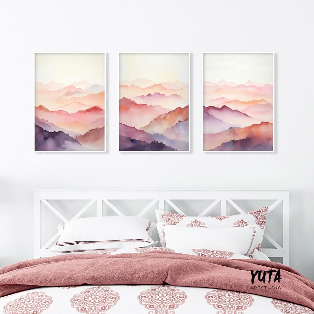 Set of 3 pink purple abstract mountain prints. Colorful mountain landscape painting, minimalist abstract wall art prints, preppy room decor