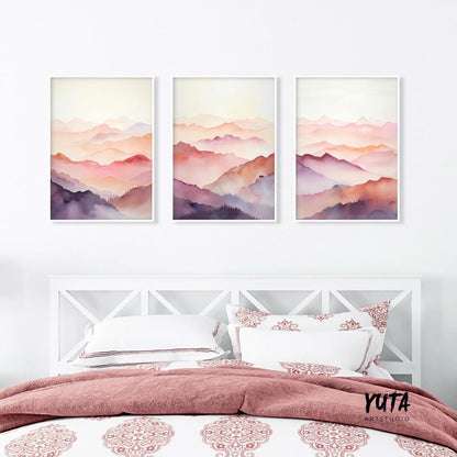 Set of 3 pink purple abstract mountain prints. Colorful mountain landscape painting, minimalist abstract wall art prints, preppy room decor