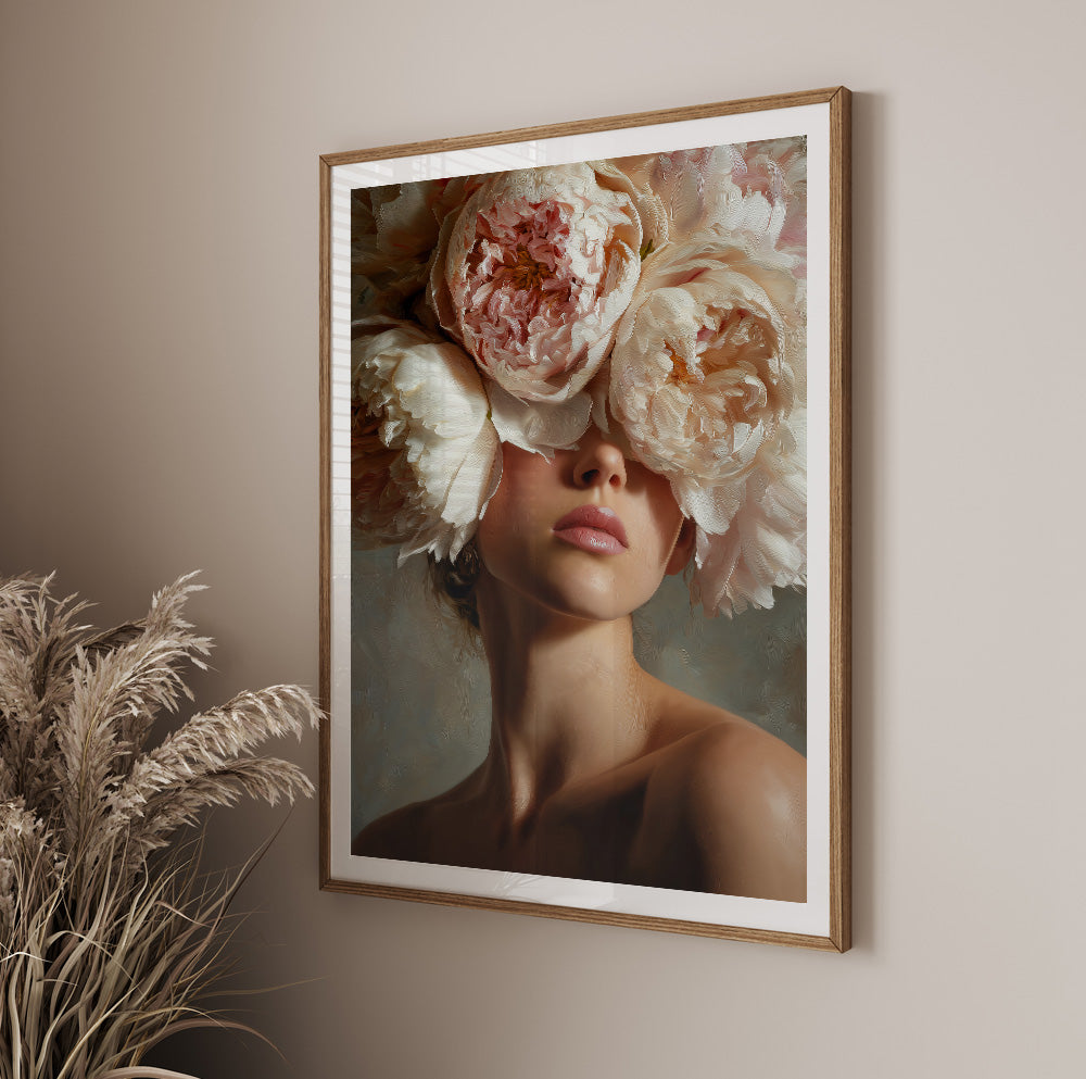 Pink peony woman wall art featuring an elegant female portrait with large painterly flowers