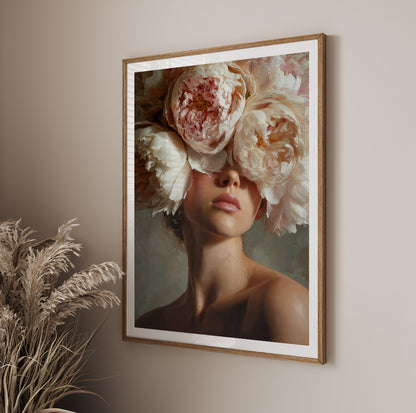 Pink peony woman wall art featuring an elegant female portrait with large painterly flowers