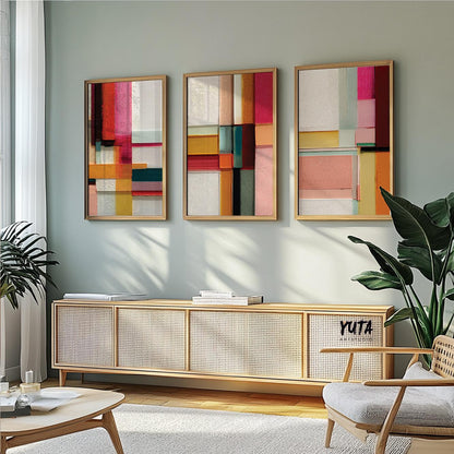 Pink and teal abstract wall art set with structured color blocking and rich contemporary painterly textures