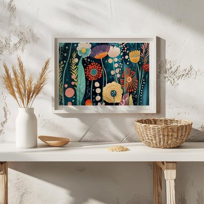 Vivid abstract floral art in a white frame displayed above a console table in natural light