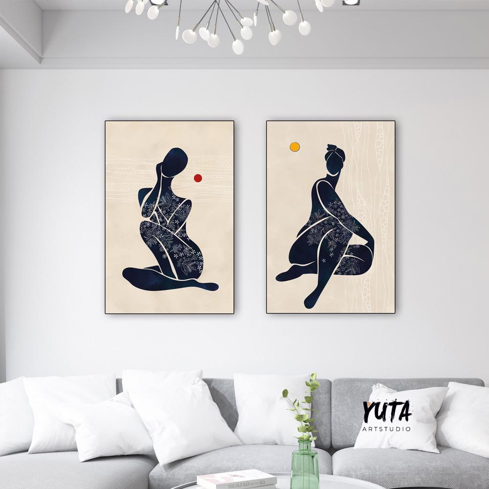 Neutral modern african american art print set of 2 black woman above bed wall art, abstract girl figures minimalist posters