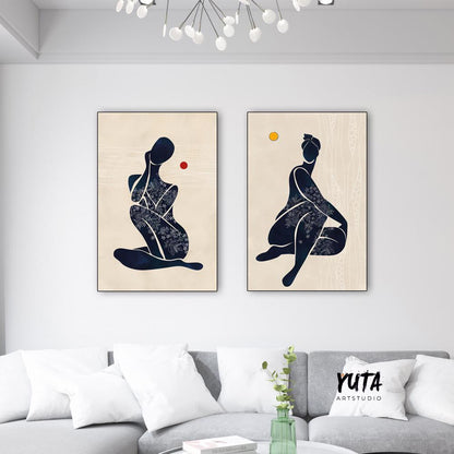 Neutral modern african american art print set of 2 black woman above bed wall art, abstract girl figures minimalist posters