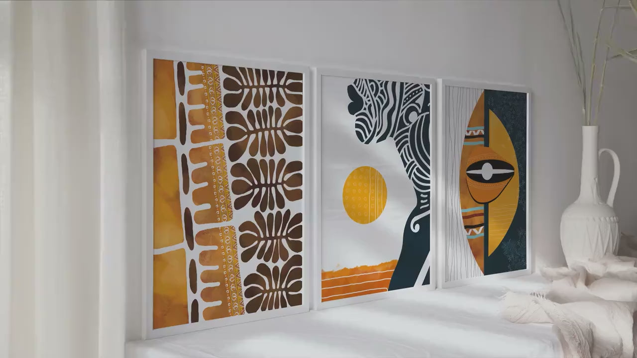 Abstract ethnic african wall art set of 3 prints. African tribal black woman portrait.