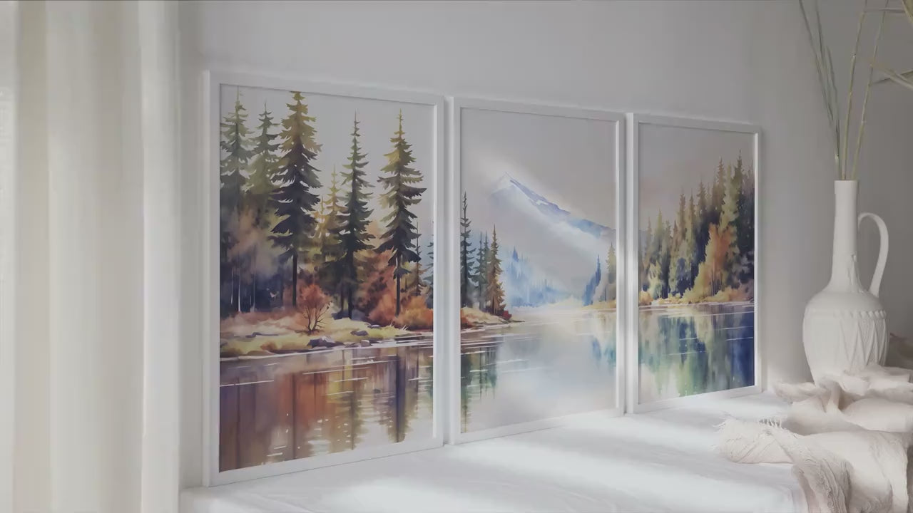 Colorful mountain wall art set of 3 print. Pastel modern nature