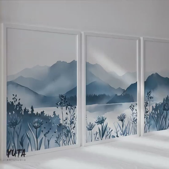 Navy Blue Mountain Wall Art Set of 3