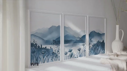 Navy Blue Mountain Wall Art Set of 3