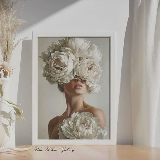 Floral Woman Wall Art Print, Modern Portrait with White Peonies, Elegant Feminine Art, Neutral Aesthetic Wall Decor
