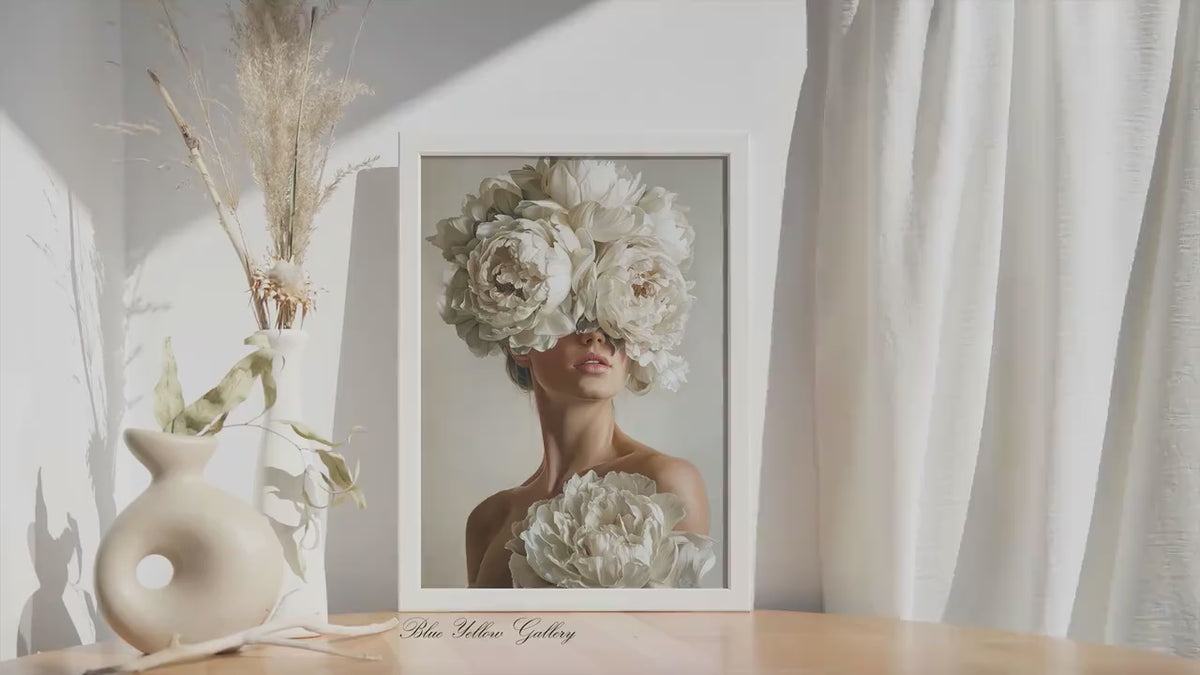 Floral Woman Wall Art Print, Modern Portrait with White Peonies, Elegant Feminine Art, Neutral Aesthetic Wall Decor