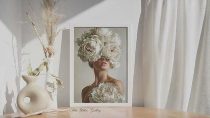 Floral Woman Wall Art Print, Modern Portrait with White Peonies, Elegant Feminine Art, Neutral Aesthetic Wall Decor