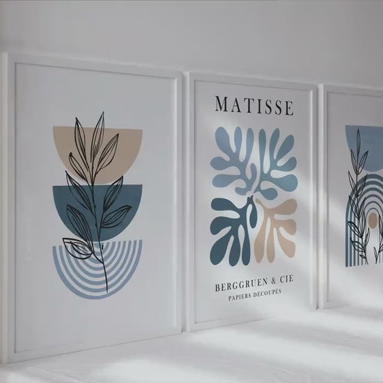 Boho Gallery Wall Art Set: Blue Beige Mid-Century Modern Prints